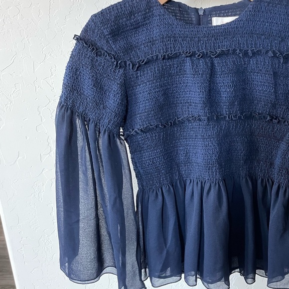 See by Chloe|Sheer Sleeve Peplum Ruffle, Slightly Cropped Top•••Navy, Size small - Picture 1 of 11